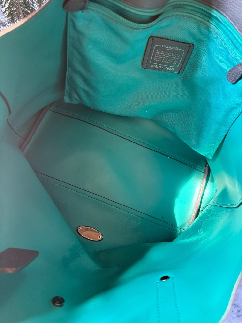 Coach Market Tote Gray Pebble Leather Teal Interior - Picture 9 of 10